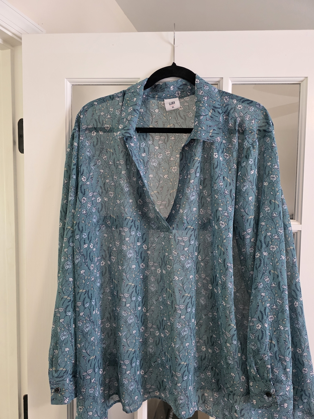 Cabi Rose Blouse XL Style 5231 Blue Green Floral Long Sleeve Sheer V-Neck